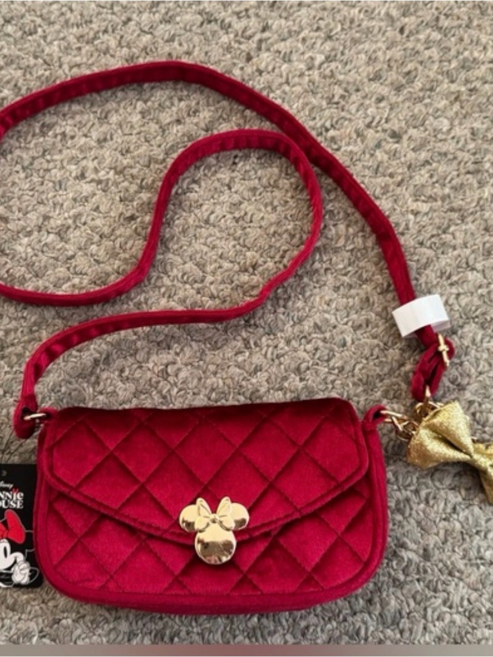 Red Quilted Velvet Crossbody Bag with Gold Bow Accent